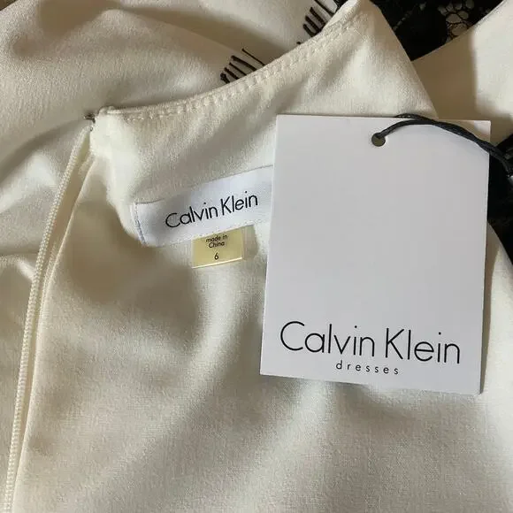 Calvin Klein Lace and Crepe Fit and Flare Cocktail Dress White and Black Size 6 - Picture 9 of 11
